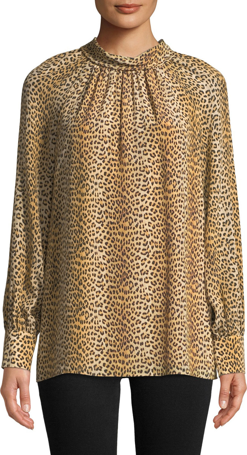 Ramy Brook Leopard-Print Tie-Neck Silk Long-Sleeve Top