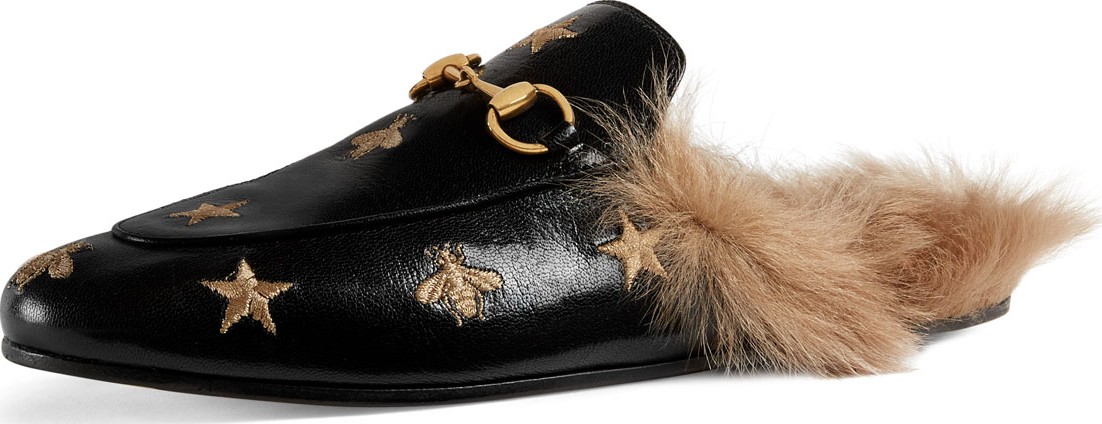 Gucci Princetown Embroidered Leather Mule With Fur