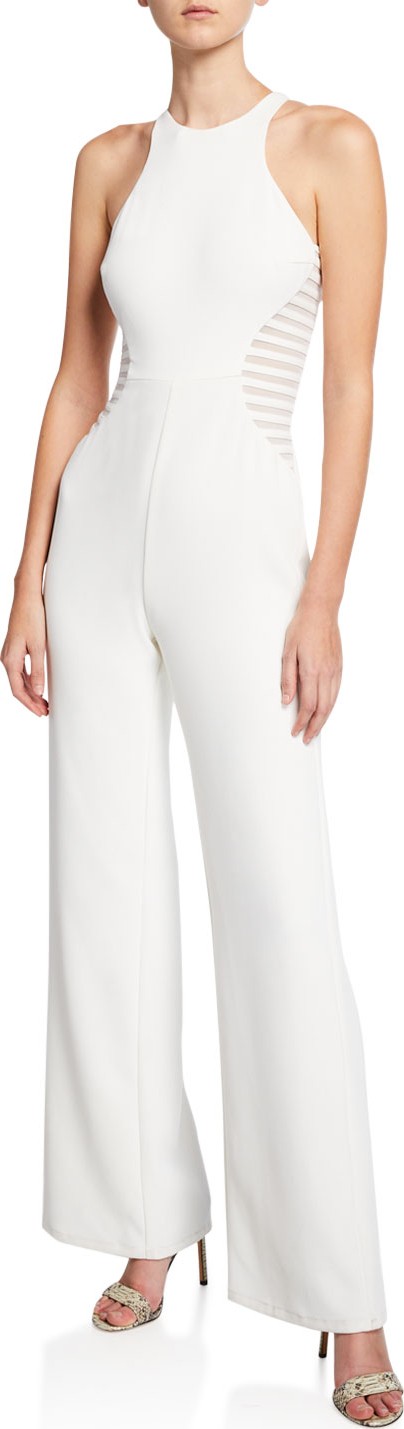 HALSTON HERITAGE Sleeveless Wide-Leg Crepe Jumpsuit with Stripe Applique Detail