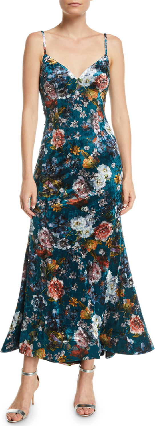 Jovani Open-Back Velvet Floral Slip Dress