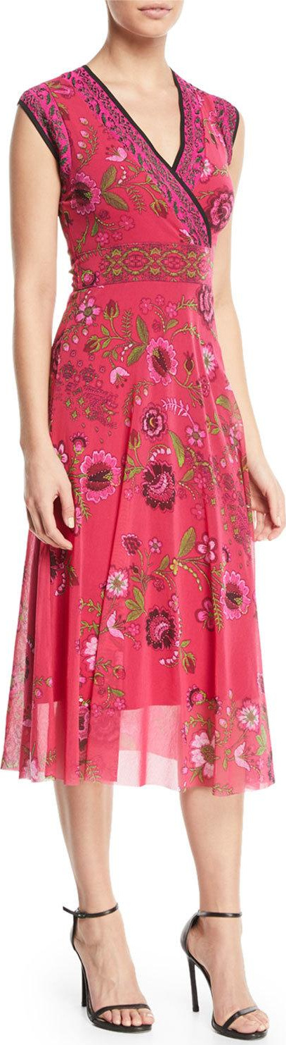 Fuzzi Cap-Sleeve Floral-Print Dress with Reversible Neckline