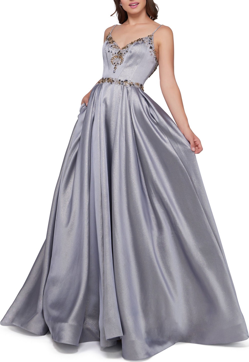 Mac Duggal Metallic V-Neck Sleeveless Ball Gown w/ Beaded Bodice