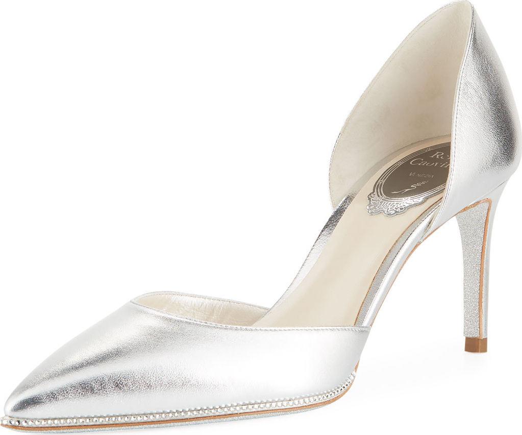 Rene Caovilla 75mm Metallic Leather Pump with Crystal Trim
