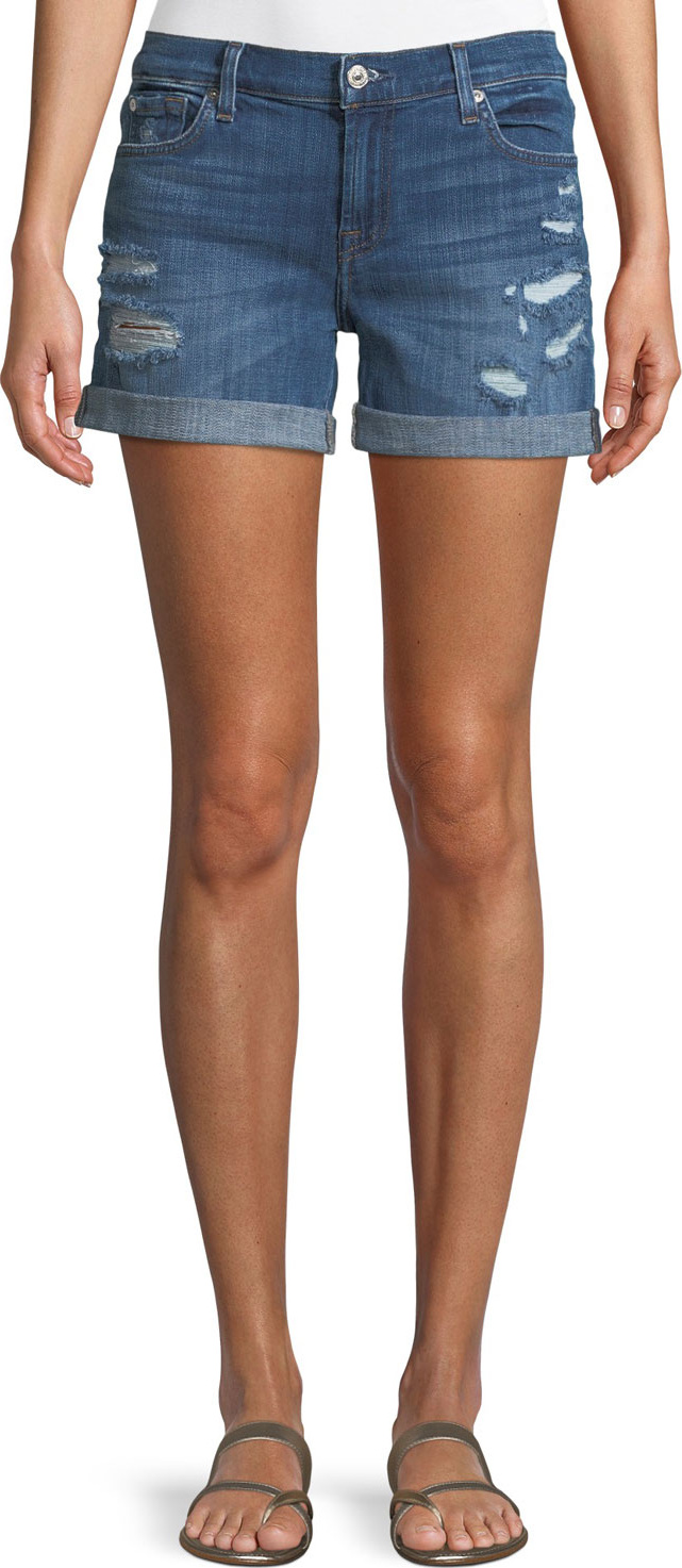 7 For All Mankind Mid-Rise Rolled-Cuff Distressed Denim Shorts