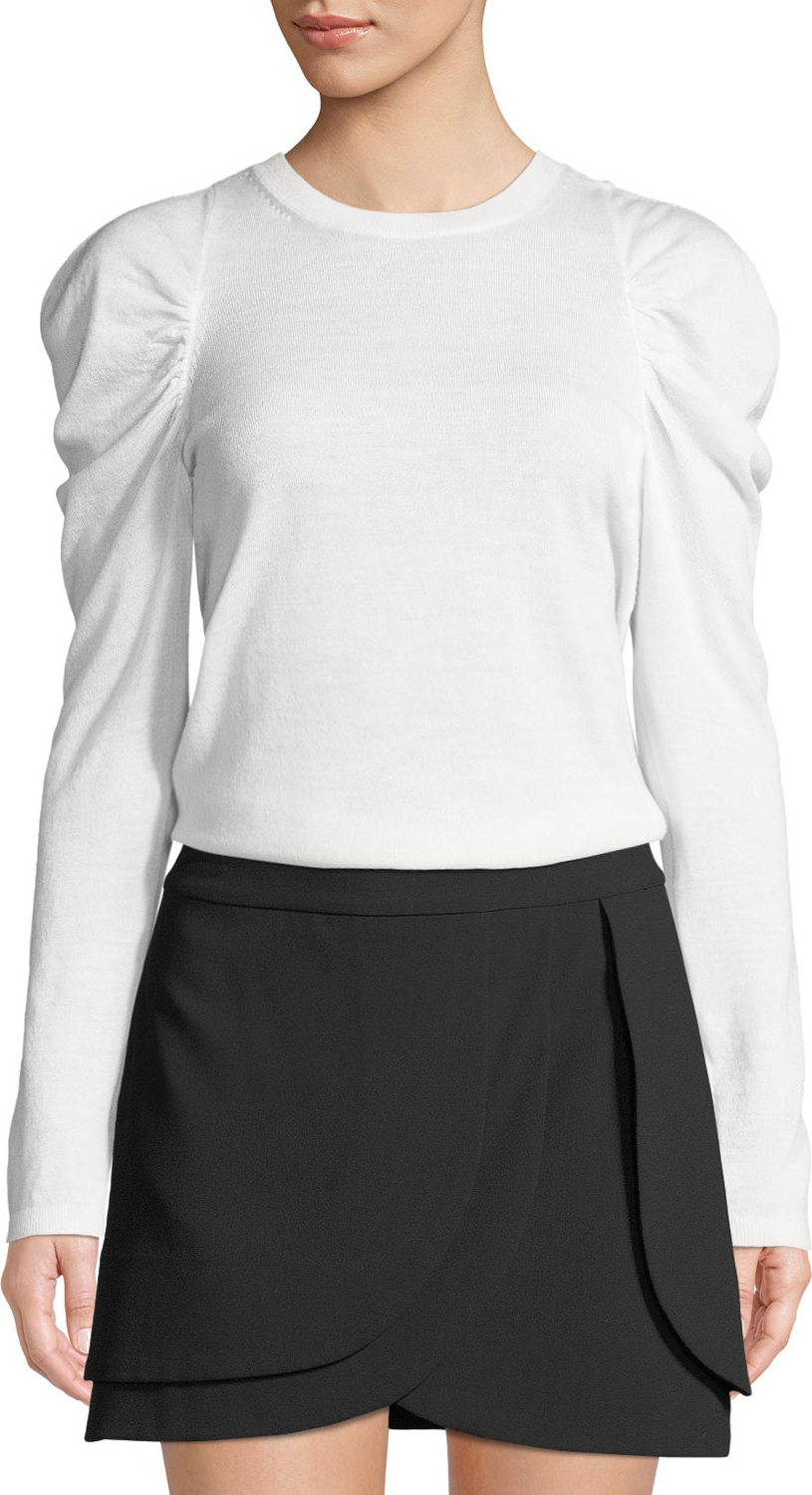 Alice + Olivia Lidia Crewneck Gathered-Sleeve Stretch-Wool Top