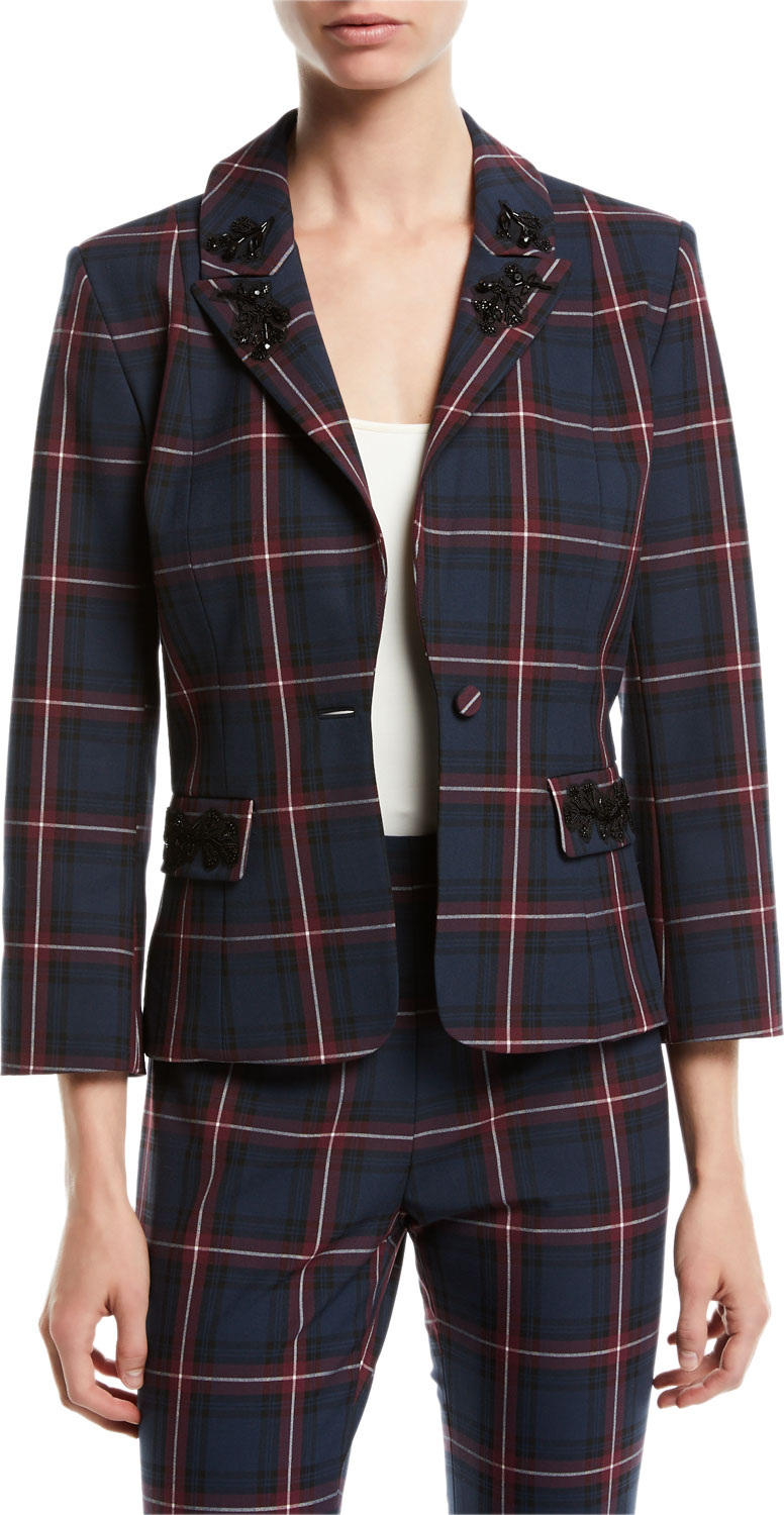 Cinq A Sept Lucent Embellished Plaid Blazer