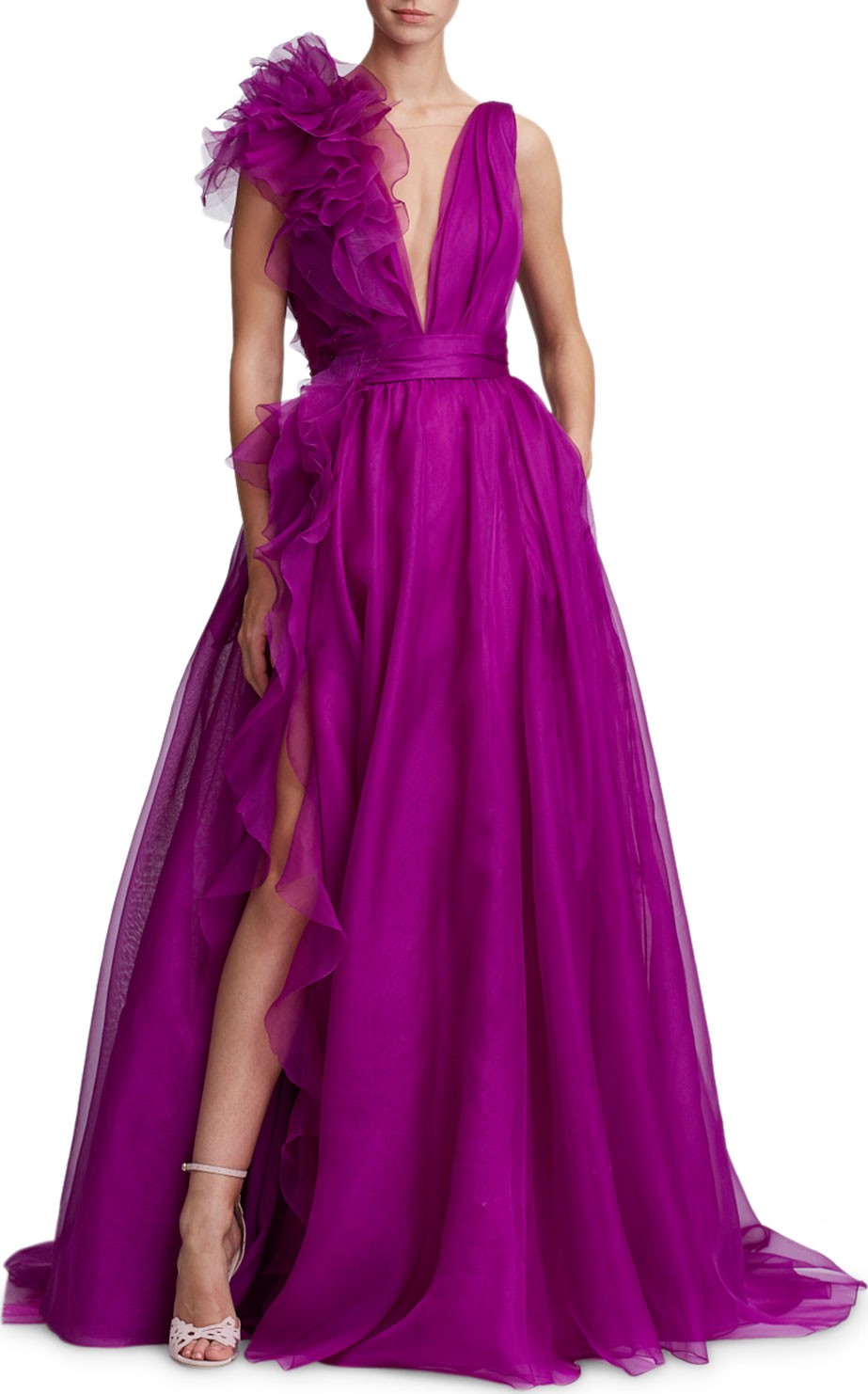 Marchesa Plunging V-Neck Evening Gown w/ Ruffle Slit & Flower-Detail