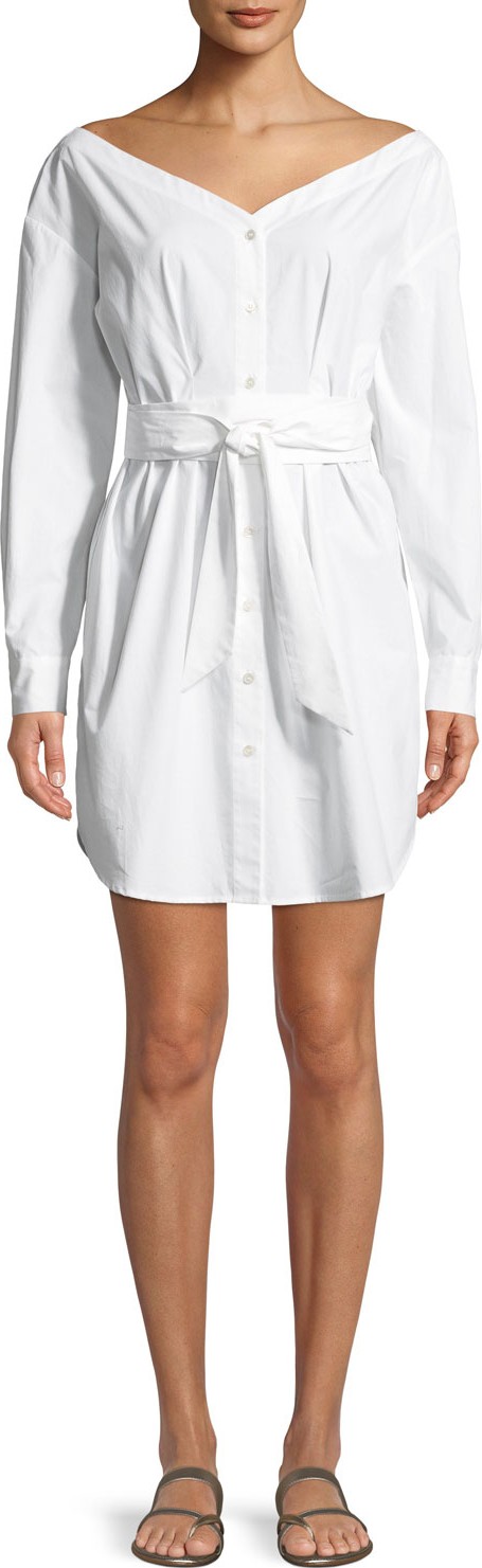 FRAME DENIM Button-Front Long-Sleeve Belted Poplin Dress