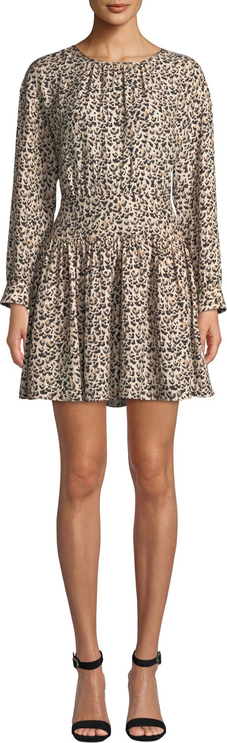 Rebecca Taylor Long-Sleeve Silk Leopard-Print Short Dress