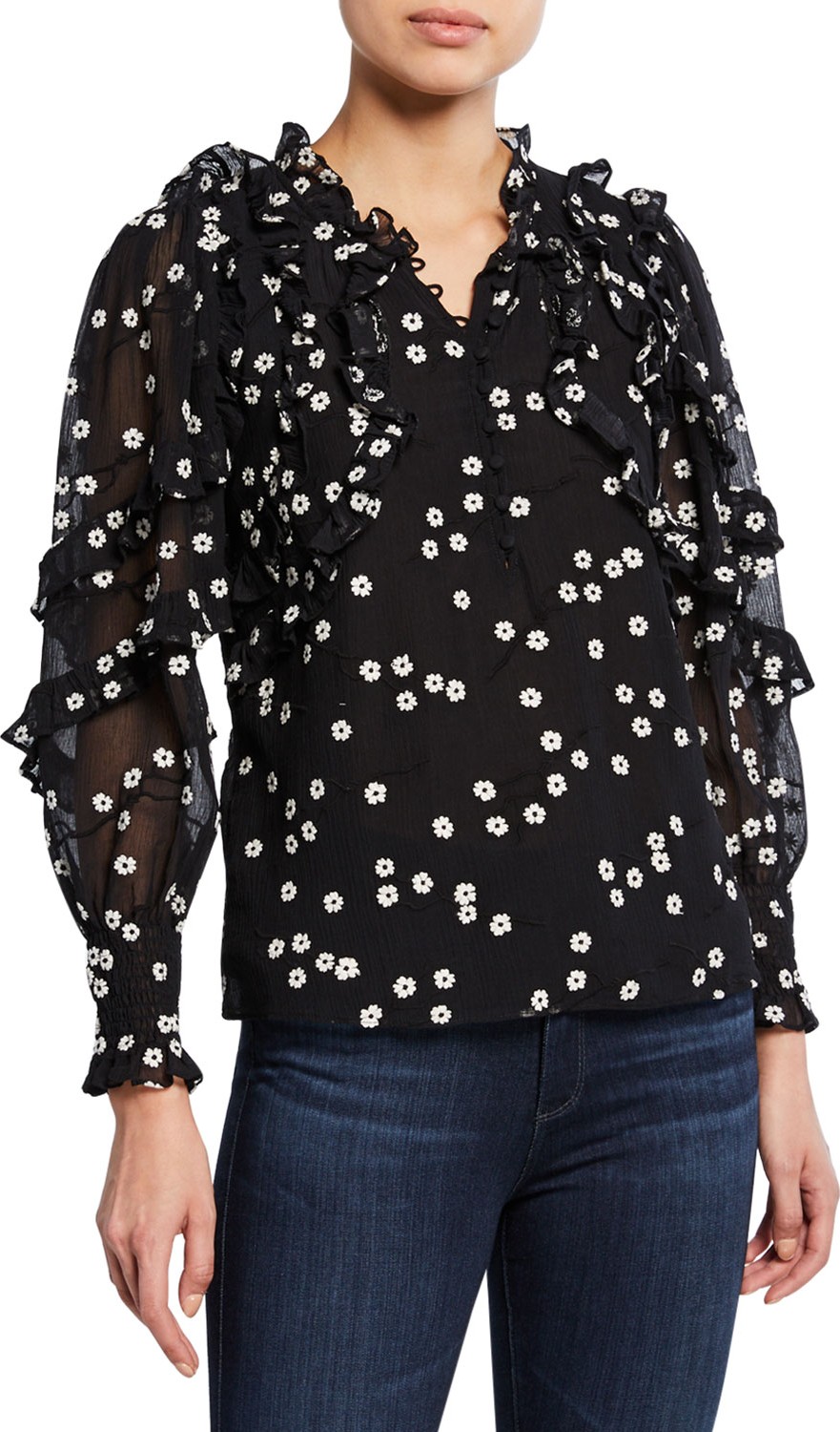 Rebecca Taylor Alessandra Floral Long-Sleeve Ruffle Top