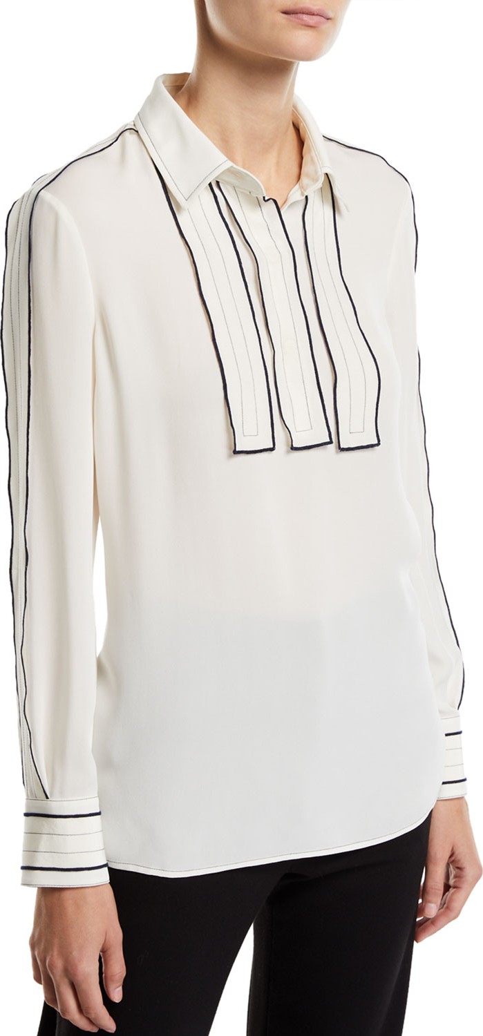 Tory Burch Long-Sleeve Silk Blouse w/ Contrast Trim