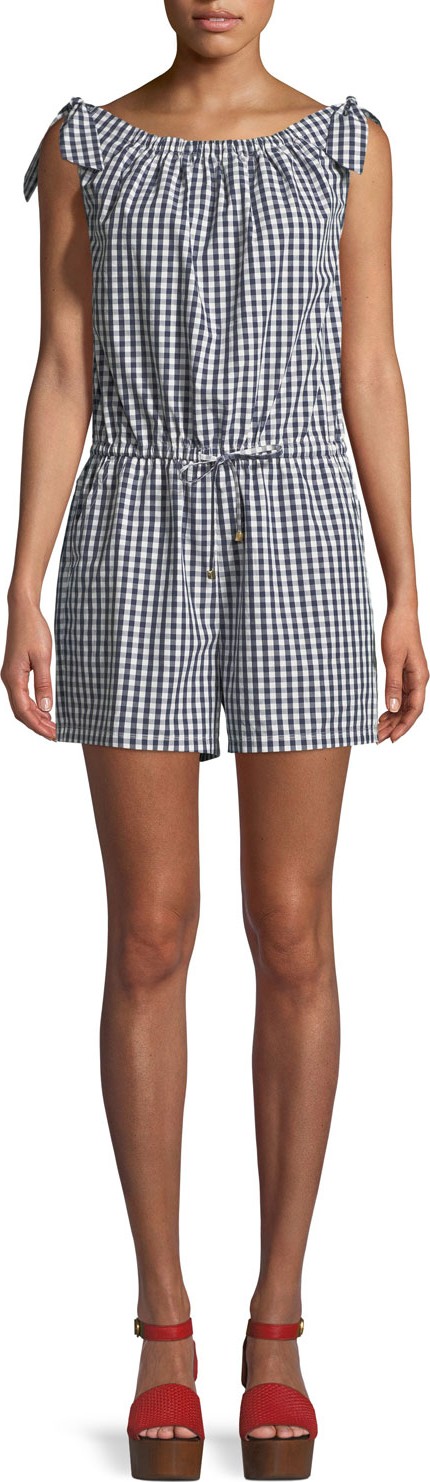 Tory Burch Round-Neck Sleeveless Gingham Coverup Romper