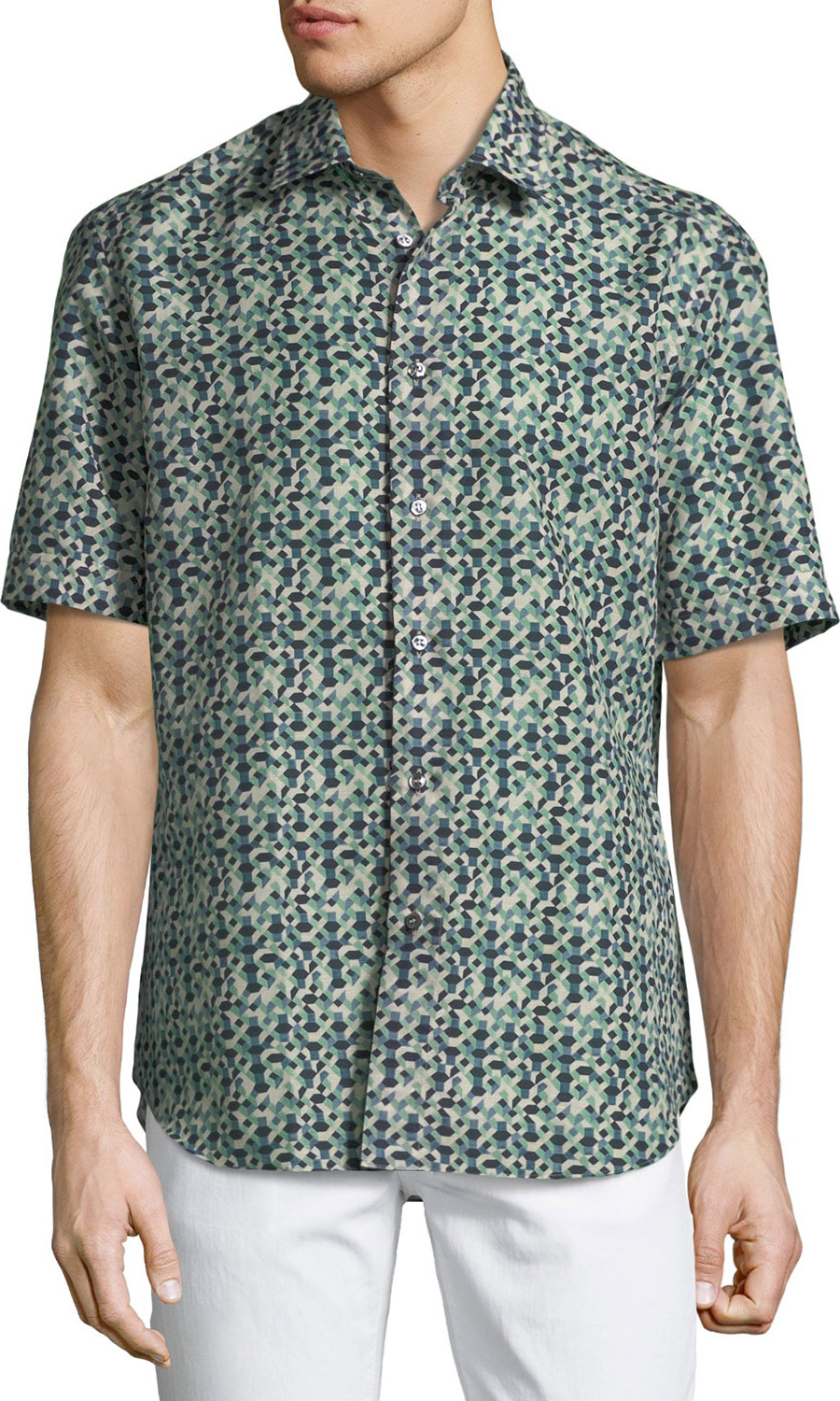 Brioni Geometric Linen-Blend Short-Sleeve Sport Shirt