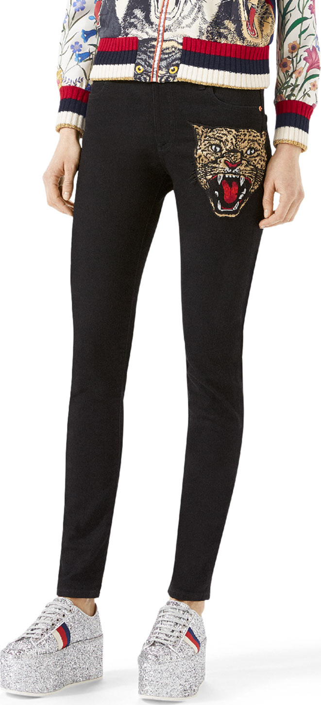 Gucci Angry Cat Embroidered Denim Pants, Black