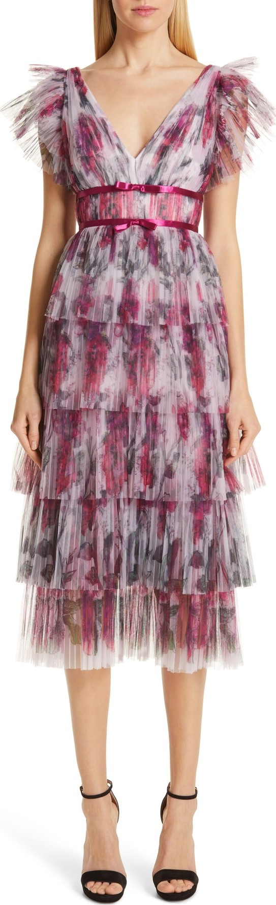 Marchesa Notte Floral Tiered Midi Cocktail Dress
