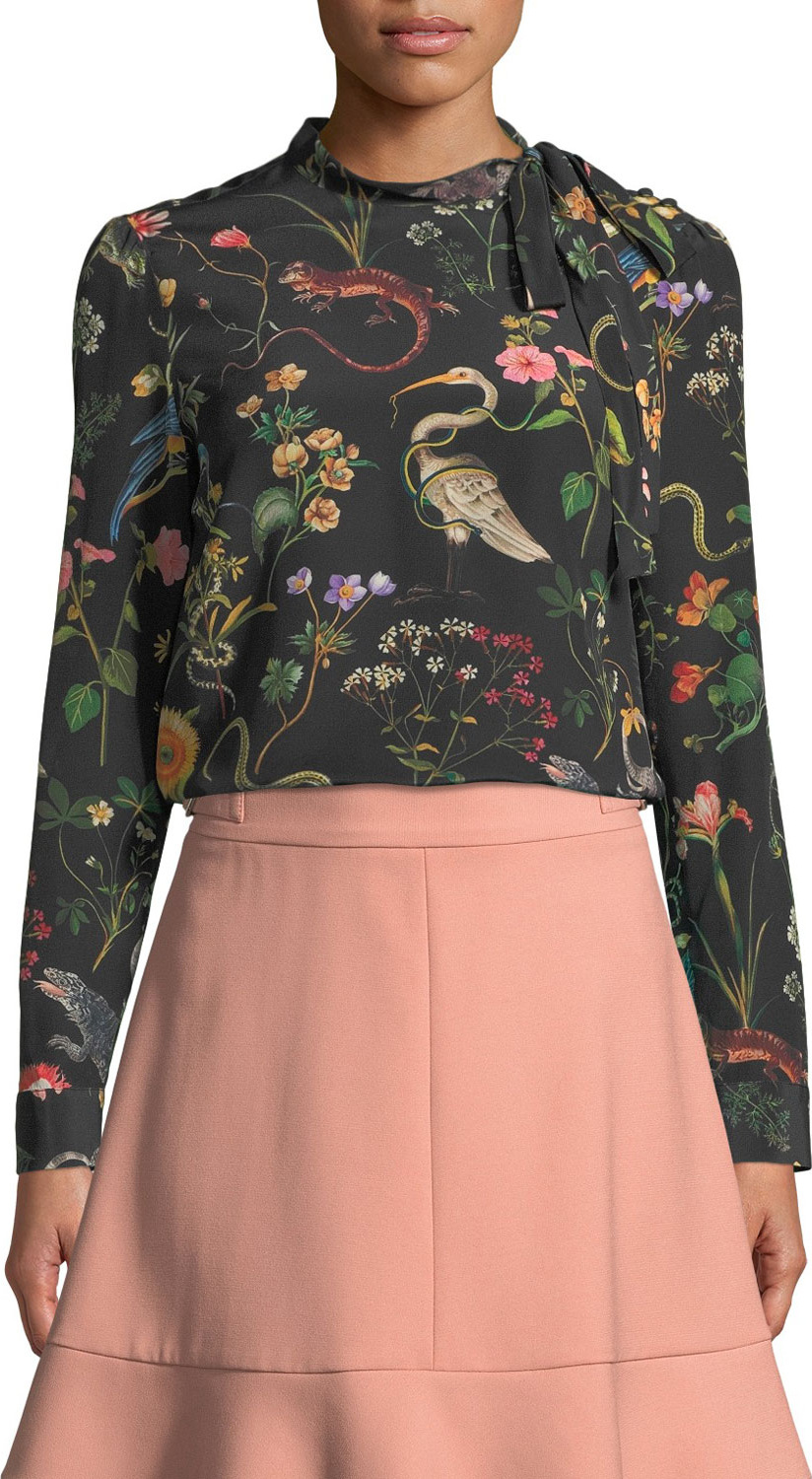 RED Valentino Flora-and-Fauna Print Long-Sleeve Blouse