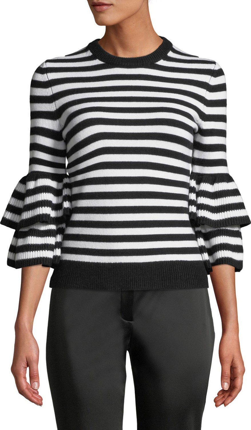 Michael Kors Collection Cashmere-Striped Tiered-Sleeve Sweater