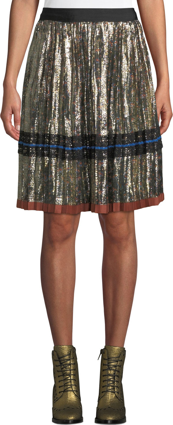 COACH Daisy-Print Pleated Metallic Midi Skirt