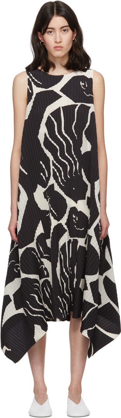 Issey Miyake Black & White Cuddle Pleats Dress