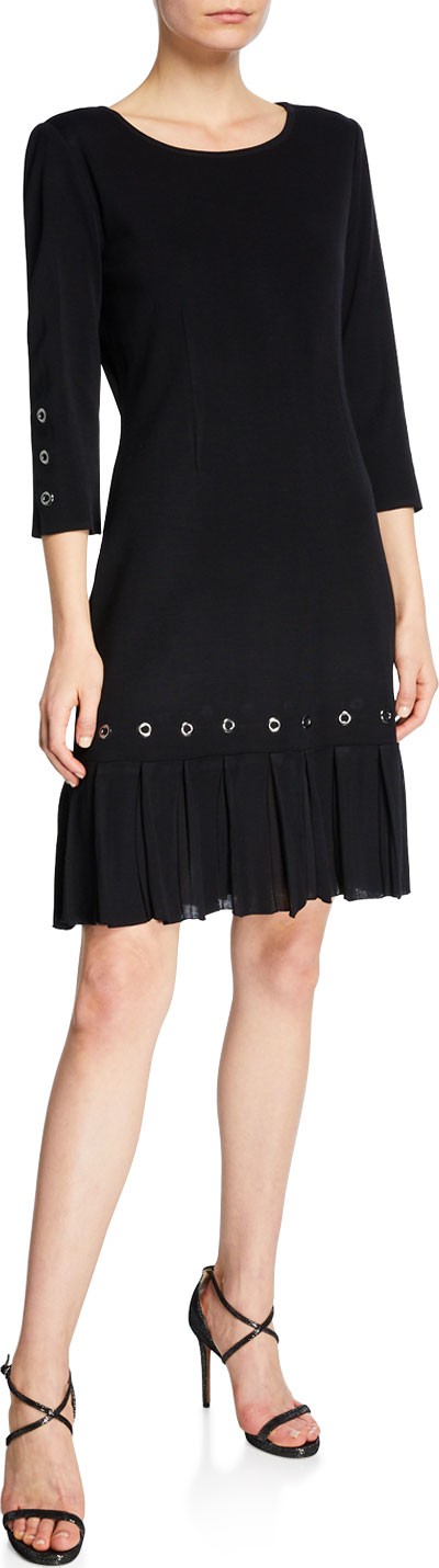 Misook Scoop-Neck 3/4-Sleeve Grommet Trim & Pleated Hem Dress