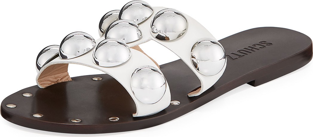 Schutz Benedita Flat Dome-Stud Leather Slide Sandals
