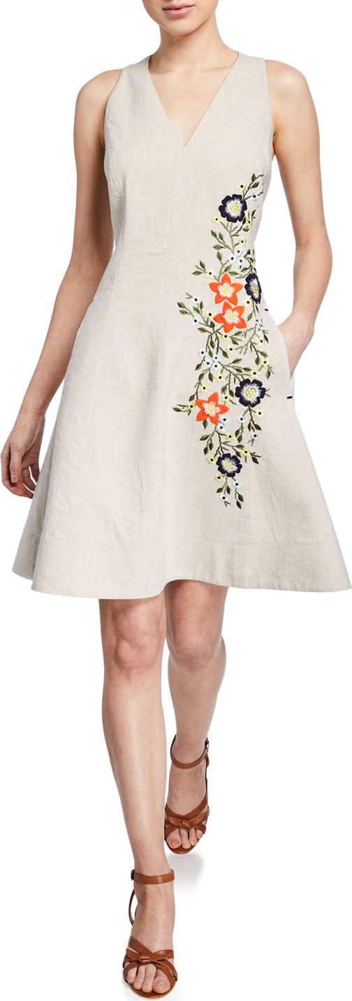 Elie Tahari Londa V-Neck Sleeveless Fit-and-Flare Linen Dress