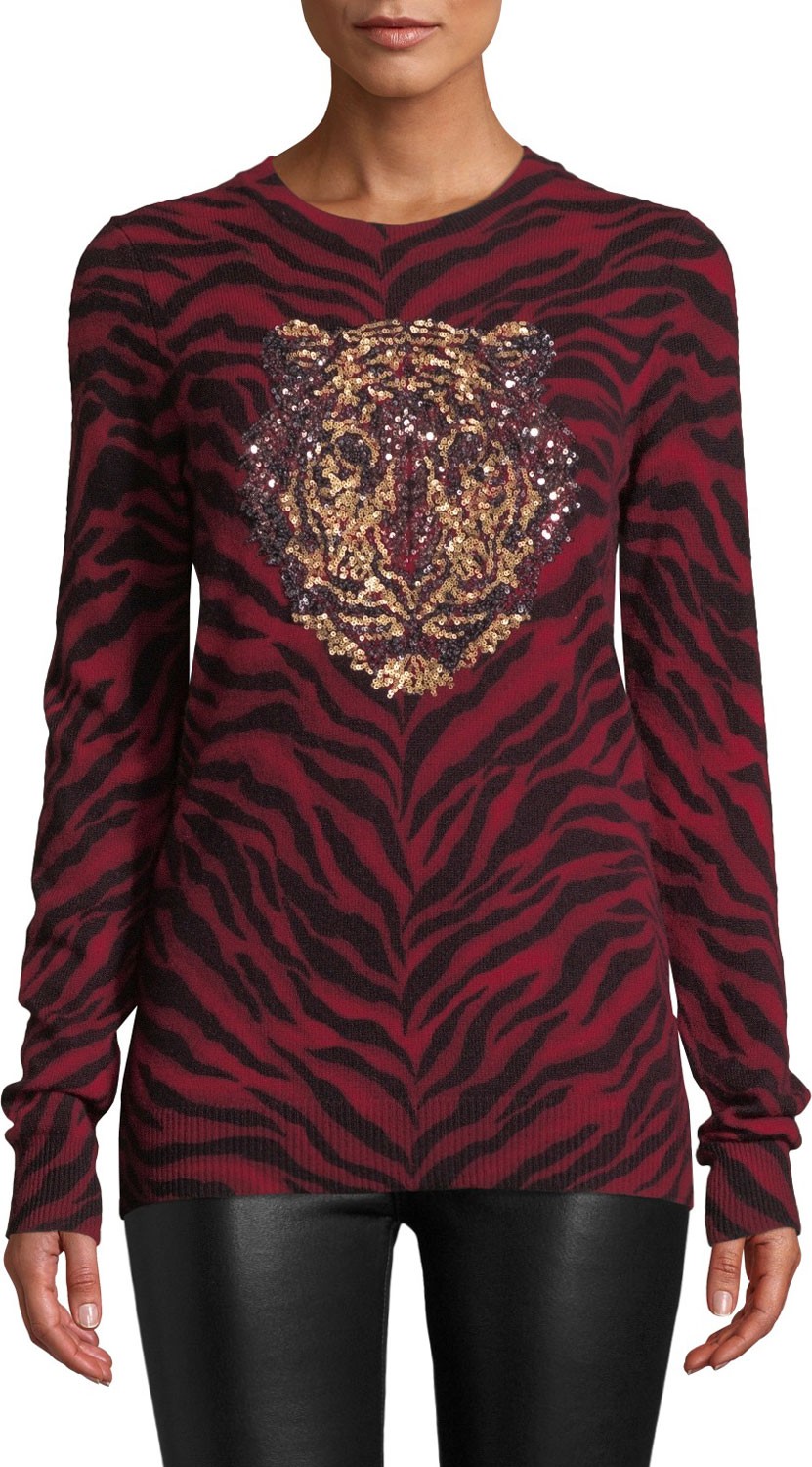 Autumn Cashmere Tiger-Print Sequin Cashmere Crewneck Sweater