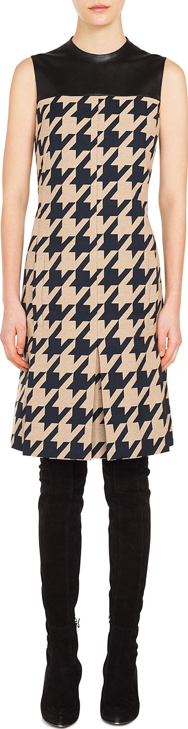 Akris Punto High-Neck Sleeveless Houndstooth-Jacquard A-Line Dress w/ Leather