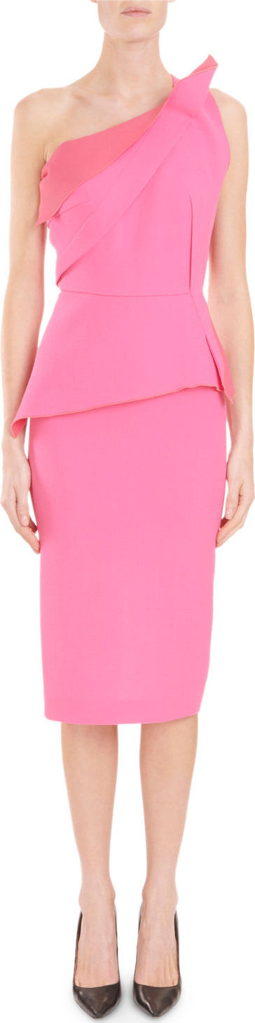 Roland Mouret Mendes One-Shoulder Asymmetric-Drape Peplum Slim Cocktail Dress