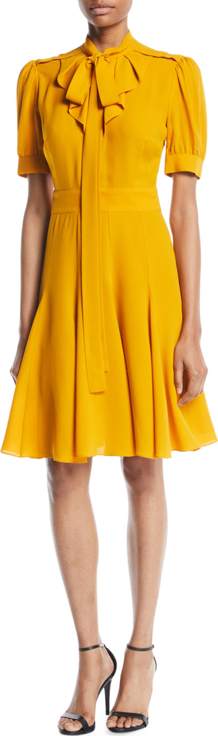 Michael Kors Collection Tie-Neck Short-Sleeve Fit-and-Flare Silk Dress