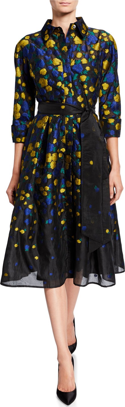 Rickie Freeman for Teri Jon Floral Jacquard 3/4-Sleeve Organza Shirtdress