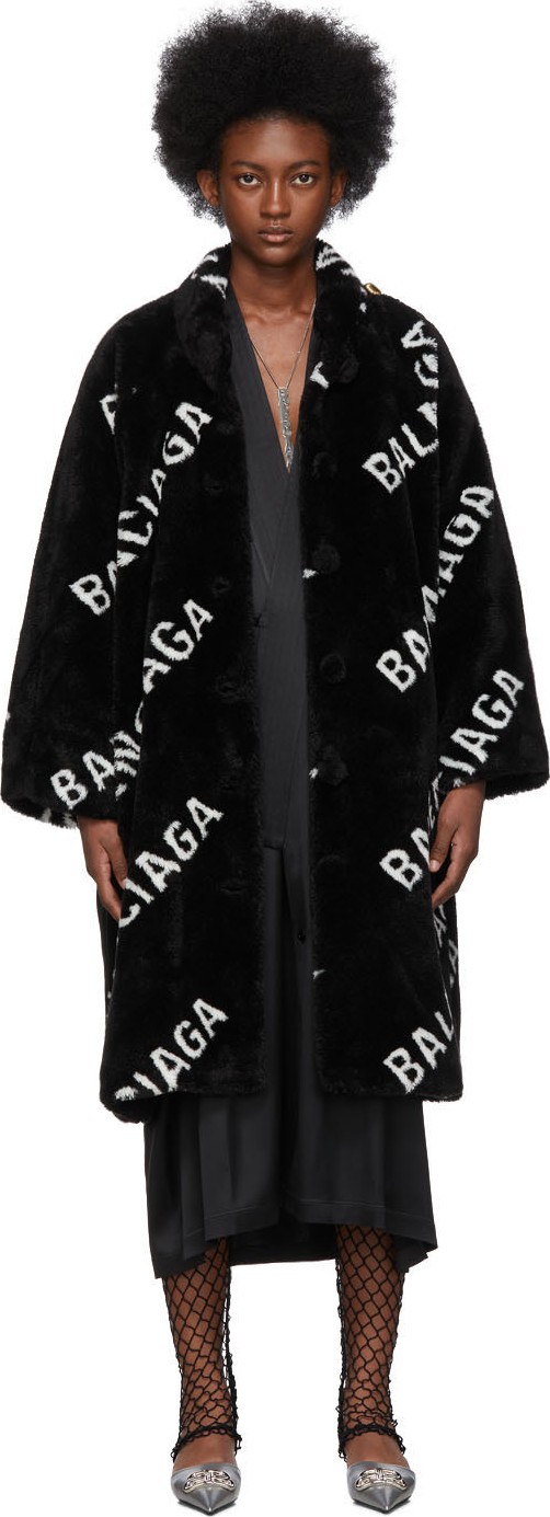 Balenciaga Black Faux-Fur Logo Opera Coat