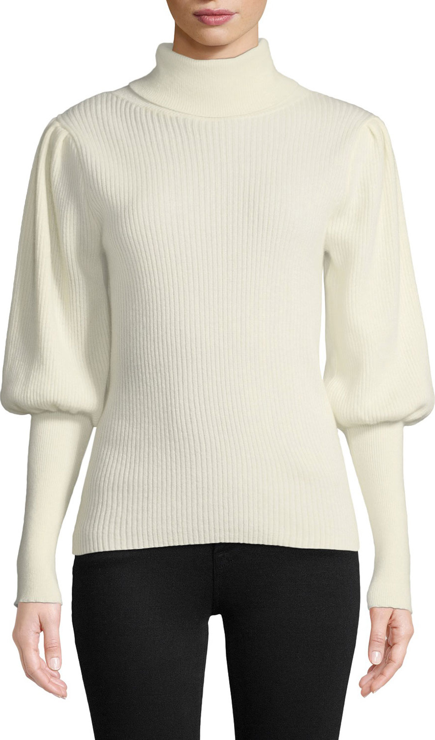 MILLY Puff-Sleeve Ribbed Cashmere Turtleneck Pullover Sweater