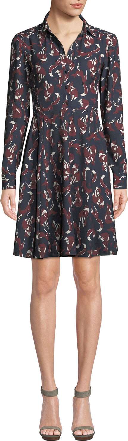 Kate Spade New York foxes smocked long-sleeve shirt dress