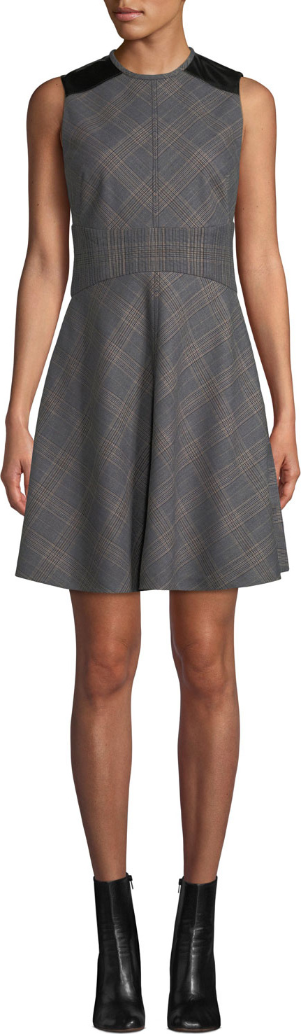 Derek Lam 10 Crosby Sleeveless Check Fit & Flare Short Dress with Corset Detail