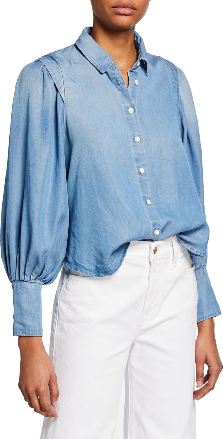 FRAME DENIM Bishop-Sleeve Button-Down Cinched Denim Shirt