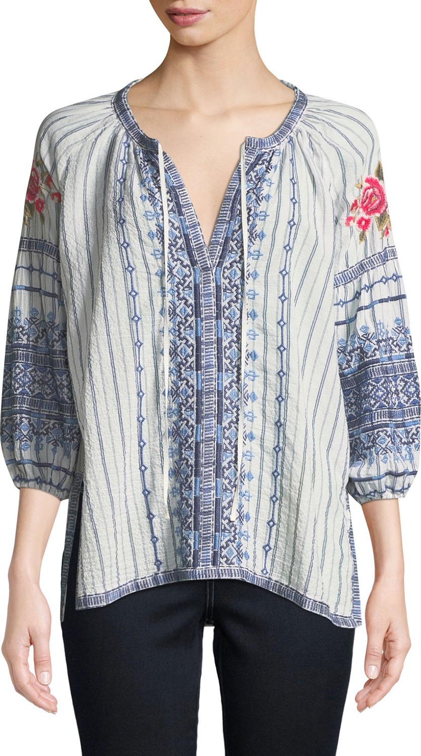 Johnny Was Shea Santorini Striped Peasant Blouse