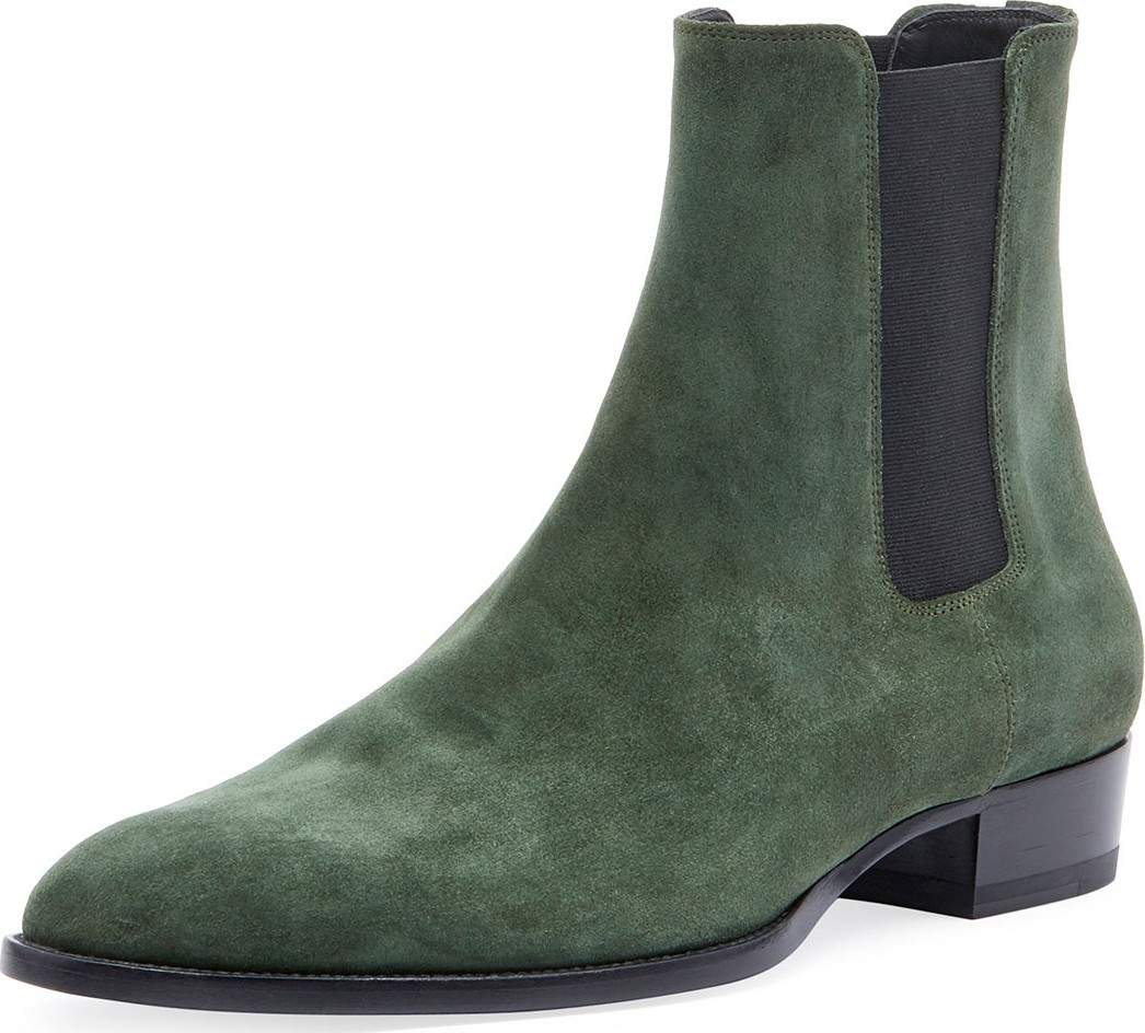 Saint Laurent Men's Wyatt 30mm Suede Chelsea Boot, Green