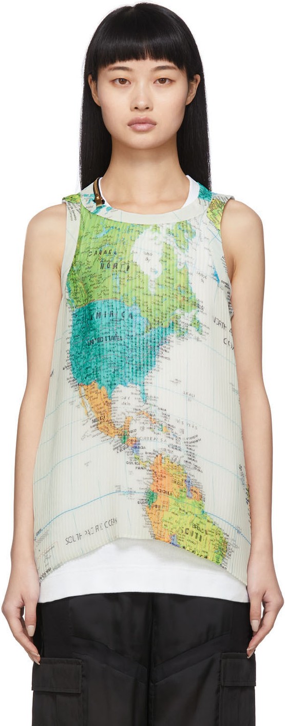 Sacai White Pleated World Map Tank Top Sacai White Pleated World Map Tank Top