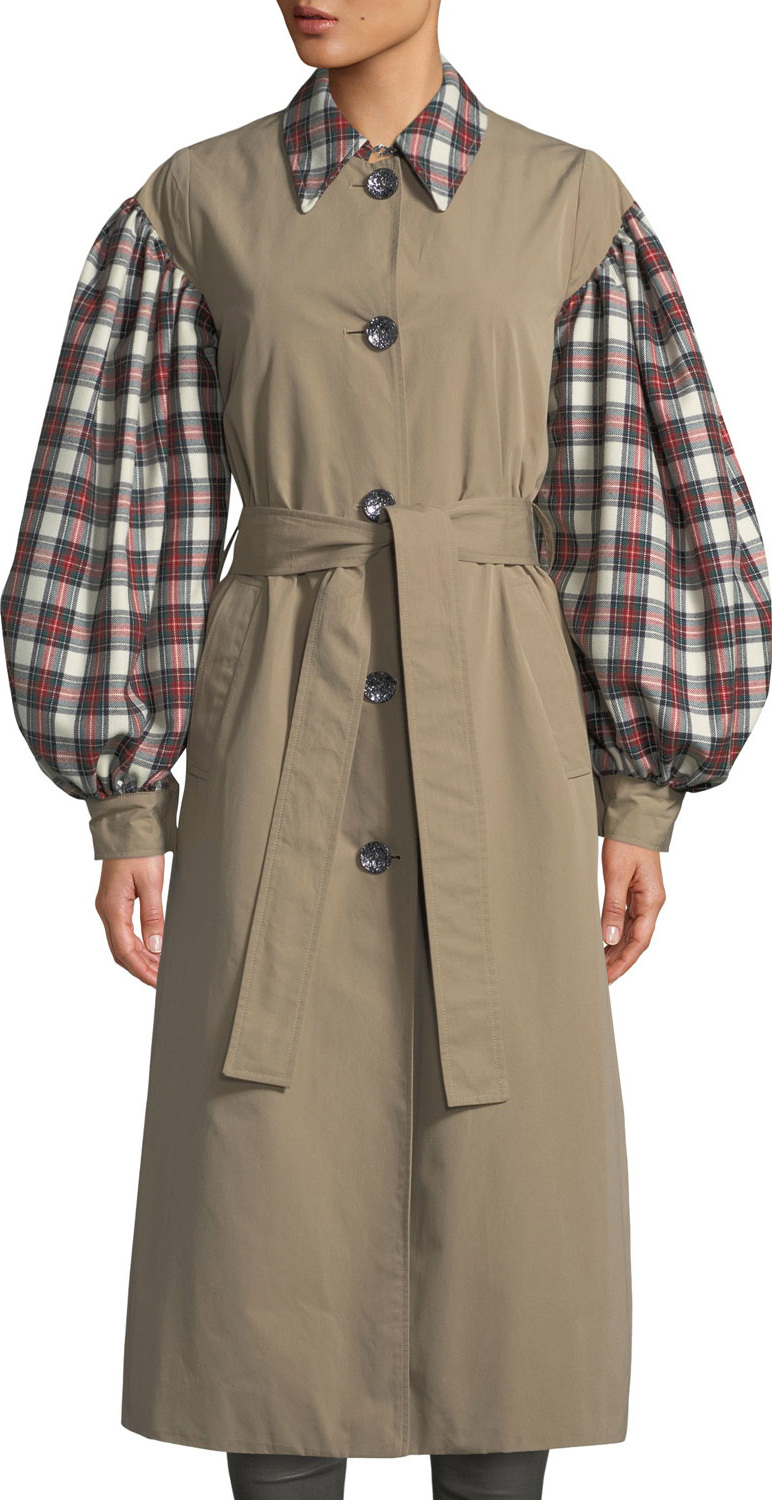 Isa Arfen Olivia Blouson-Sleeve Check Trench Coat