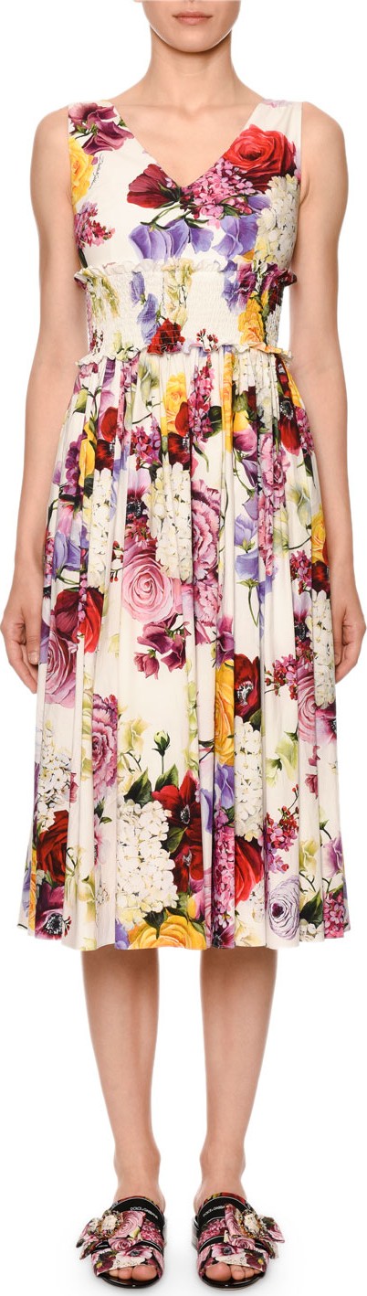 Dolce & Gabbana V-Neck Floral Poplin Midi Dress