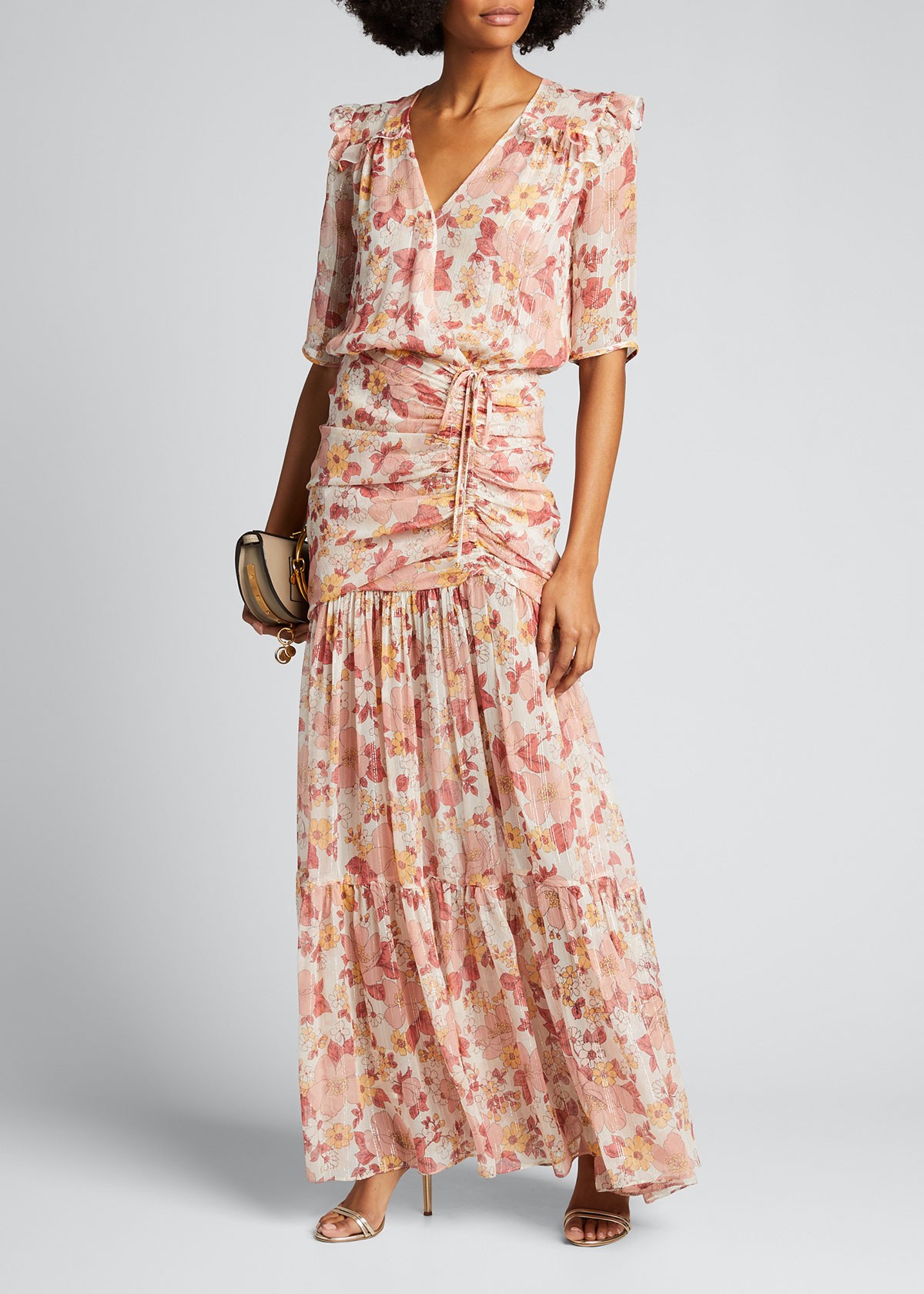Veronica Beard Mick Ruched Floral-Print Long Dress
