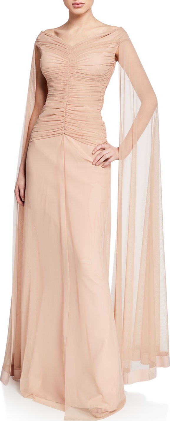 La Petite Robe di Chiara Boni Aytana V-Neck Cap-Sleeve Illusion Gown w/ Ruched Bodice & Cape