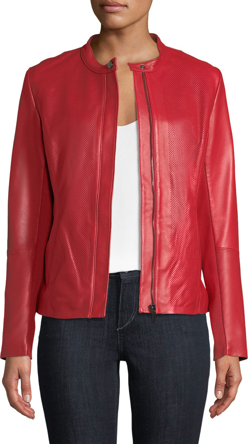 Neiman Marcus Perforated Zip-Front Leather Jacket
