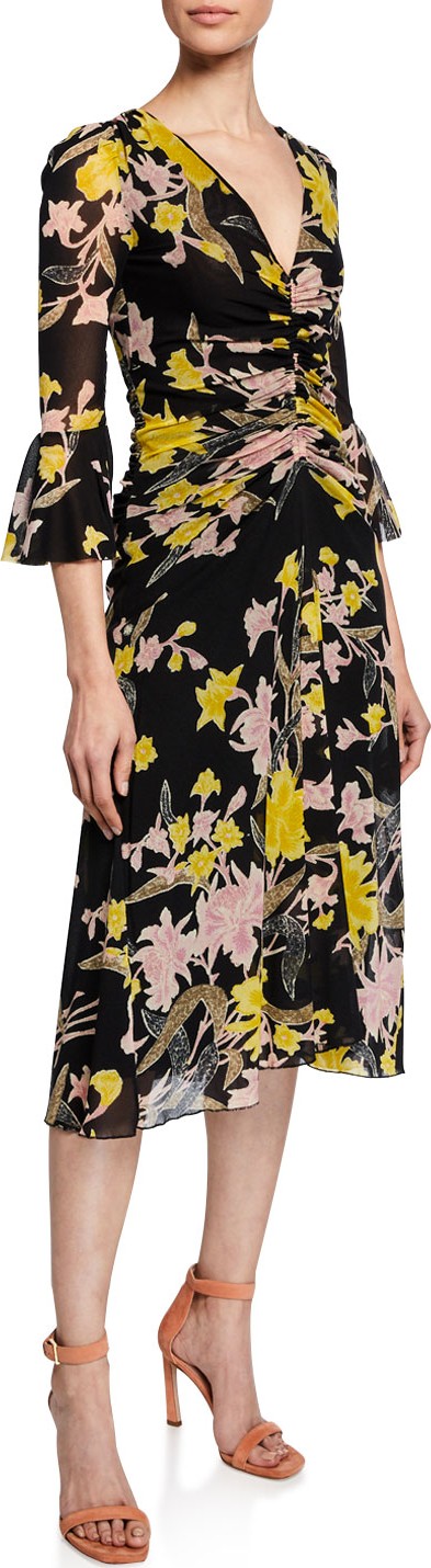 DIANE von FURSTENBERG Silas Ruched Bell-Sleeve Floral Dress