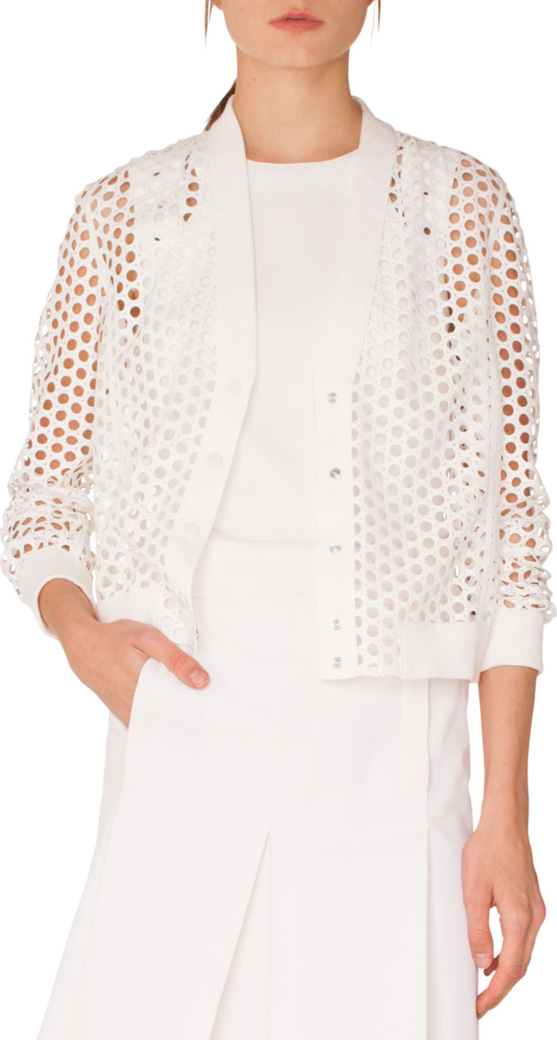 Akris Punto V-Neck Press-Button Lace Bomber Jacket