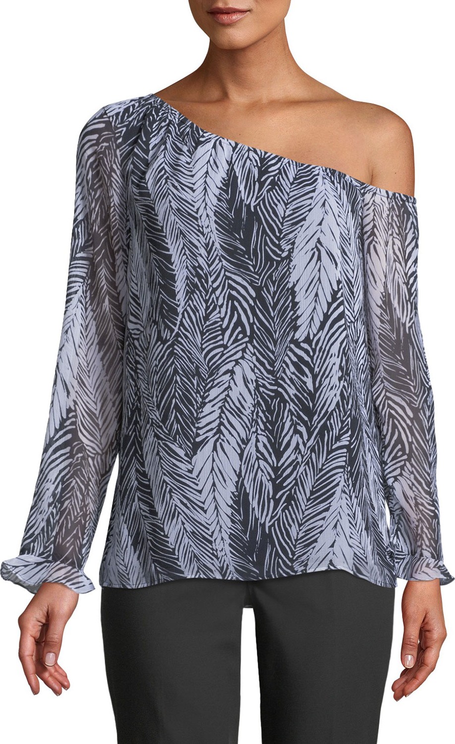 Club Monaco Daphins Palm-Print One-Shoulder Top