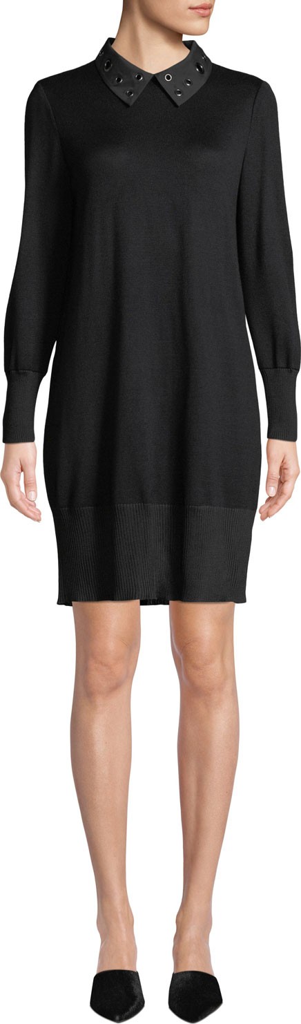 Misook Grommet-Collar Long-Sleeve Sweater Dress