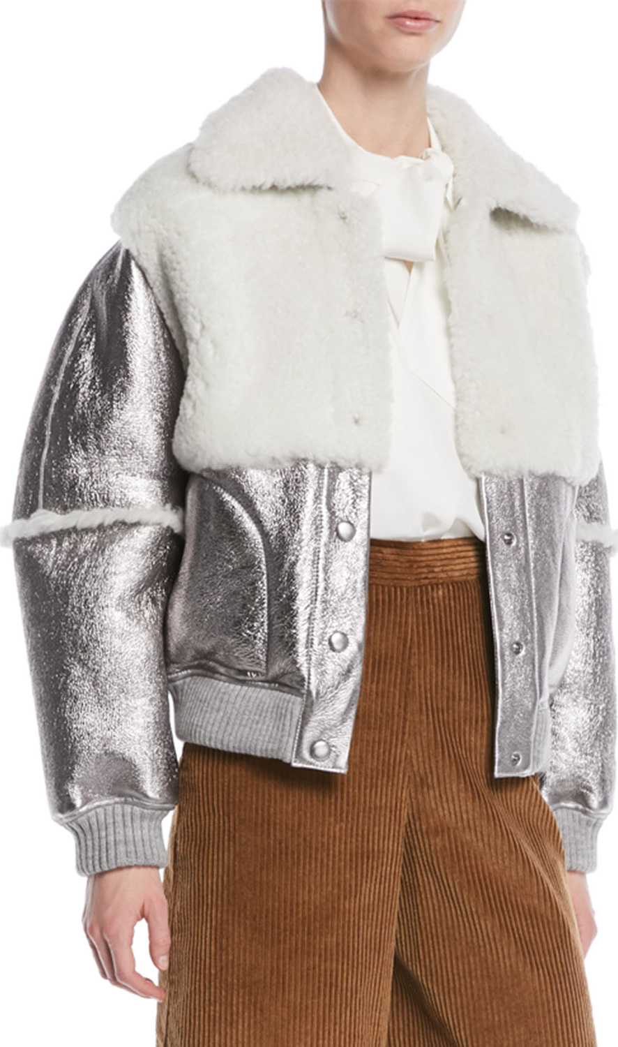 See By Chloé Metallic Leather Shearling Bomber Jacket See By Chloé Metallic Leather Shearling Bomber Jacket