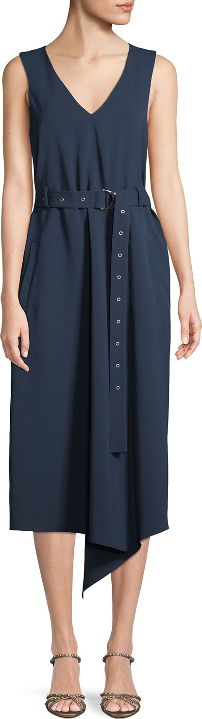 Tibi V-Neck Sleeveless Belted Drape Twill Midi Dress